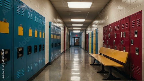 Middle school or high school hallway corridor with colorful student lockers on the side from Generative AI