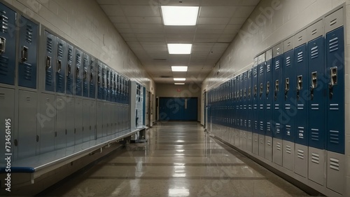Middle school or high school hallway corridor with gray student lockers on the side from Generative AI