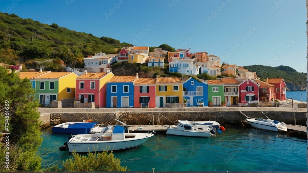 Picturesque seaside villages with colorful houses landscape view for celebrations and greeting card from Generative AI