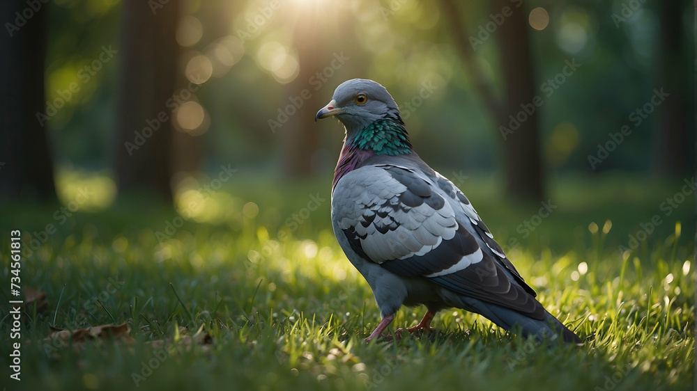 Fototapeta premium close-up of an ordinary pigeon standing on green grass,
