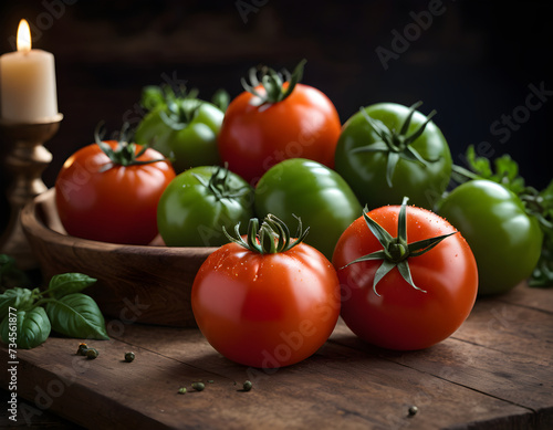 Red tomatoes on a kitchen table culinary photography