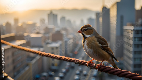 a sparrow bird standing on a high power line on a busy street