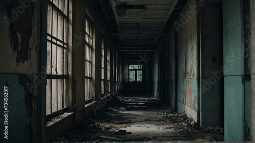 Scary hallway walkway in abandoned building from Generative AI