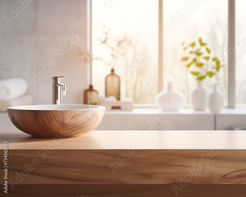 Modern Bathroom with Wooden Details and Round Sink