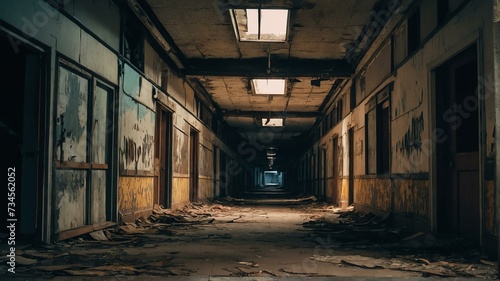 Scary hallway walkway in abandoned building from Generative AI