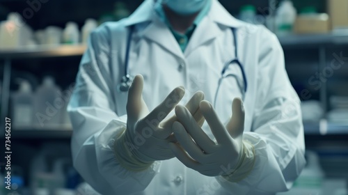 healthcare professional in a lab coat and gloves is seen in a well-stocked laboratory
