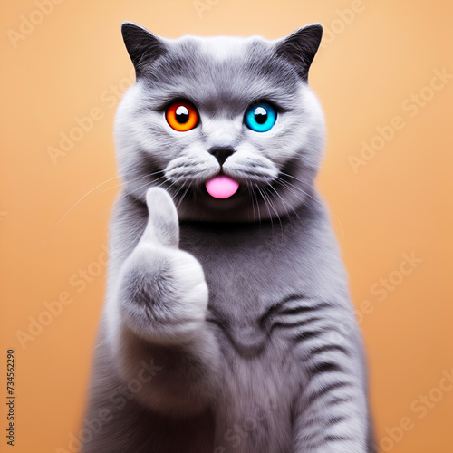 Cute Anthropomorphic Cat Thumb Up, Wallpaper for Cell Phone, Smartphone, Computer, Tablet, Cellphone and Wall Art for Home Decor