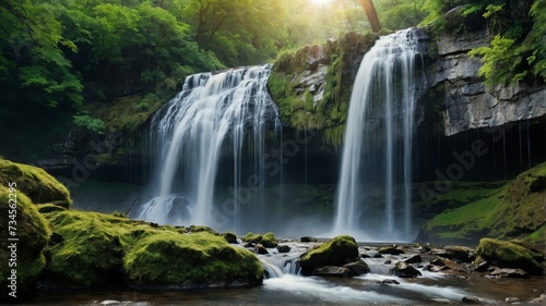 Waterfalls cascading down rocky cliffs landscape view for celebrations and greeting card from Generative AI