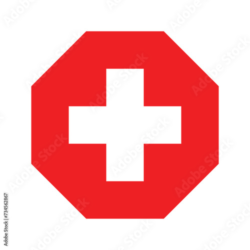 Free Download Red cross first aid octagon flat color sign medicine Symbol health hospital care icon white. Emergency medic red white collection plus logo design for web mobile isolated on background - GFXLoad