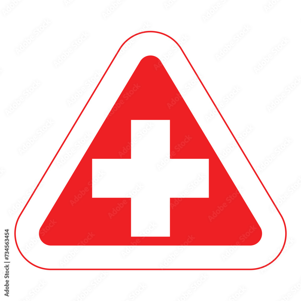Fototapeta premium Red cross first aid triangular lineal color sign medicine Symbol health hospital care icon white. Emergency medic red white collection plus logo design for web mobile isolated on background
