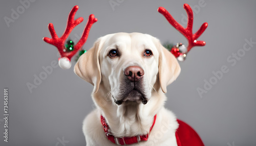 dog wearing santa claus hat in gray background