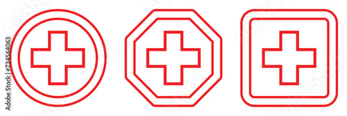 Set red cross first aid outline color different shapes sign medicine symbol hospital icons white. Emergency medic red white collection plus logo design for web mobile isolated on background