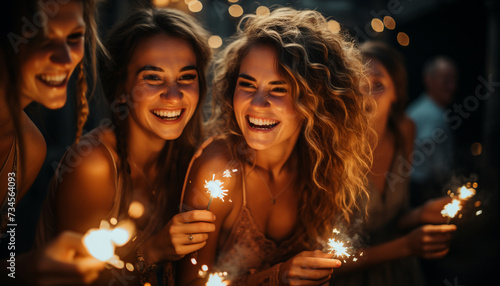 Smiling women enjoy cheerful celebration, night of fun and friendship generated by AI