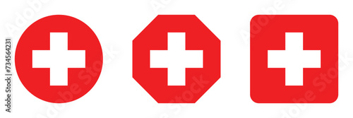 Set red cross first aid flat color different shapes sign medicine symbol hospital icons white. Emergency medic red white collection plus logo design for web mobile isolated on background