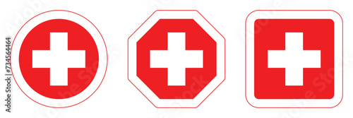 Set red cross first aid lineal color different shapes sign medicine symbol hospital icons white. Emergency medic red white collection plus logo design for web mobile isolated on background