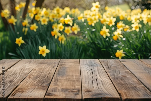 Empty wooden kitchen table over blooming narcissus garden background. spring mock up.