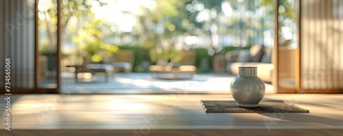 Modern, Chinese-style, light wood-colored living room, blurred background, table in the foreground, free copy space