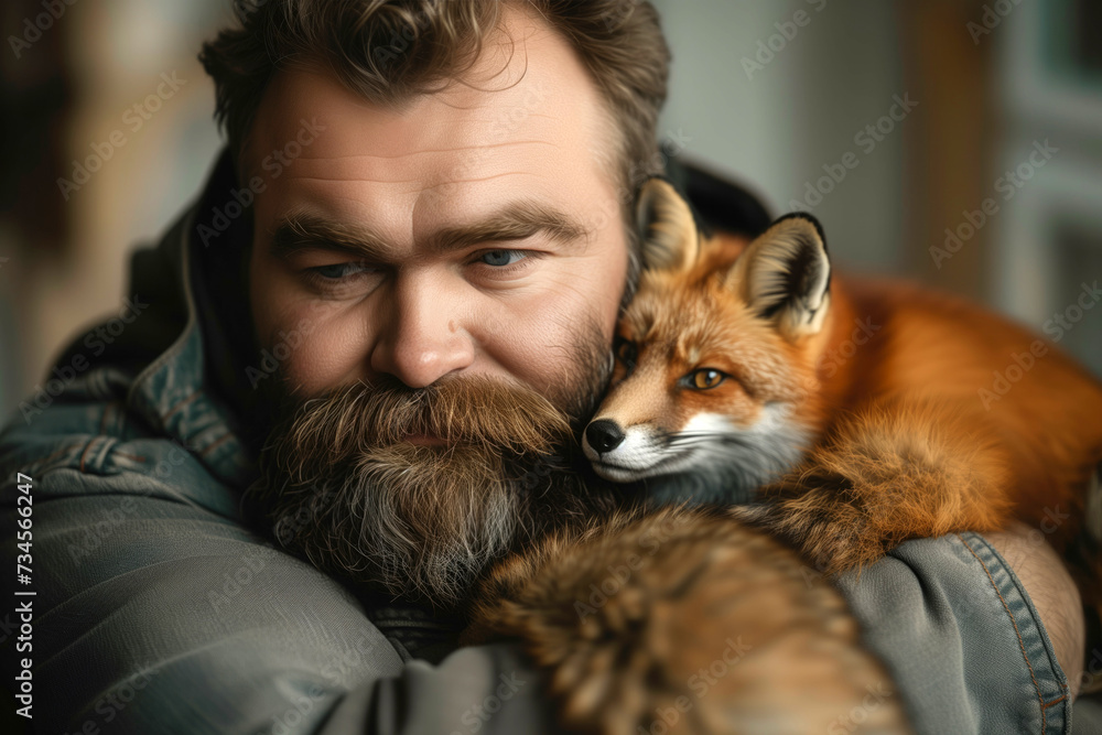 obese bearded man gently hugs the little fox to him. people and animals. animal protection. wildlife.