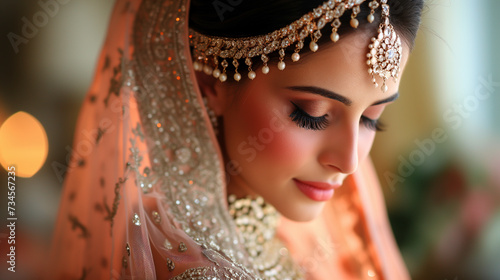 Beautiful Indian bride portrait with traditional Hindu jewelry on her wedding day.