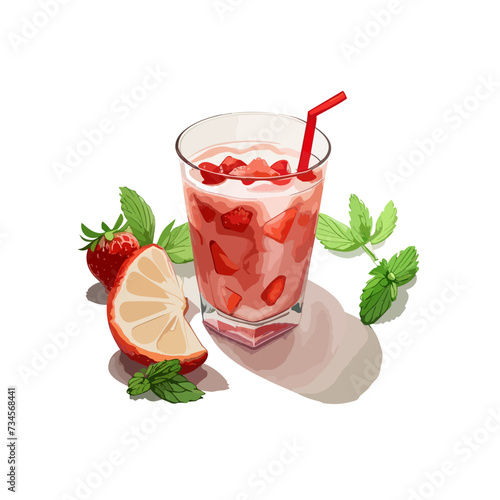 Set of red ripe strawberries and juicy splash. Fresh berries falling into natural juice in a glass. 3d realistic vector illustration isolated on white background.