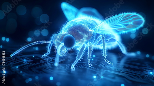 A conceptual cyber fly with a glowing blue body hovers above a circuit board, symbolizing digital surveillance or bugs.
