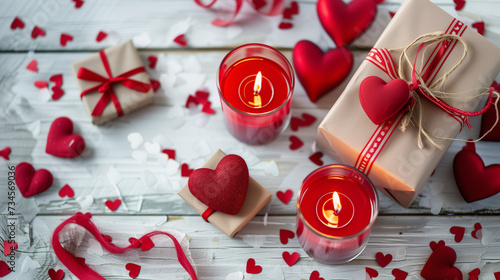 Hearts presents and candles in red on a white wooden background valentine's Day