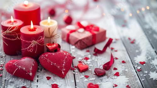 Hearts presents and candles in red on a white wooden background valentine's Day