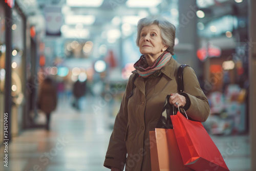 Elegant elderly woman with shopping bags in a shopping center
