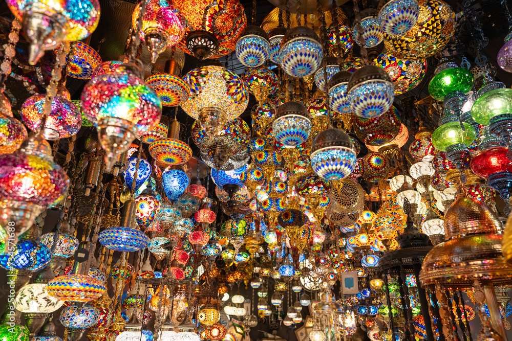 Traditional Colorful Turkish Mosaic Lamps Photo, Grand Bazaar Fatih, Istanbul Turkiye (Turkey)