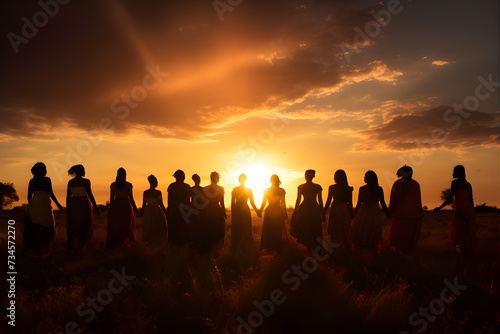 A dynamic photograph showcases the essence of female empowerment as diverse women unite in a sun-drenched field, radiating strength at sunset.