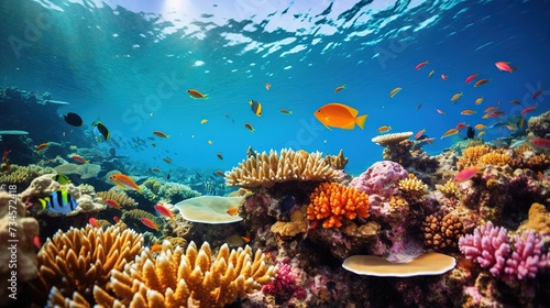 Underwater coral reef landscape super wide banner background in deep blue ocean. Illustration AI Generative