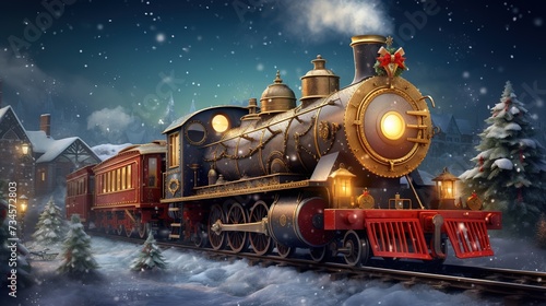 AI generated Christmas themed train traveling through a snowy winter landscape AI Generated