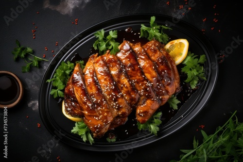 Teriyaki chicken on black table top view