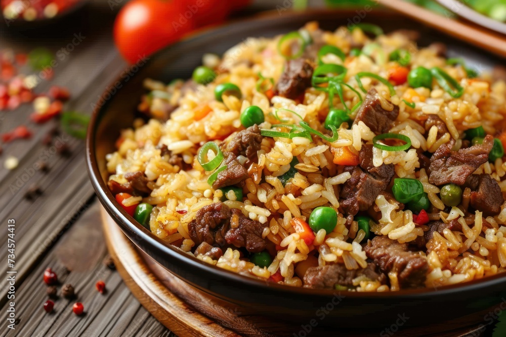 Angular view of Beef Fried Rice on a wooden table Angular view of Beef Fried Rice on a wooden table