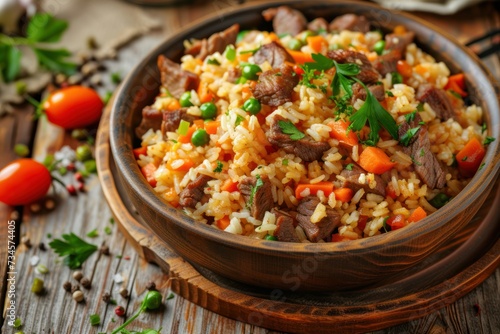 Angular view of Beef Fried Rice on a wooden table