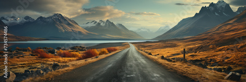 Road route, PERSPECTIVE style, leading the eye, valley atmosphere, mountain range, adventure, travel, goals.