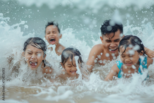 a family playing in a beach swimming pool