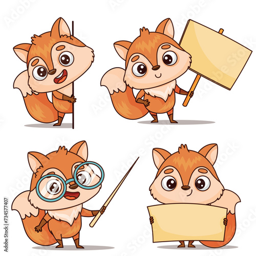 A cartoon fox, in various poses holding a sign. Its orange fur and expressive gestures add charm to the artwork. Vector © EnyaLis
