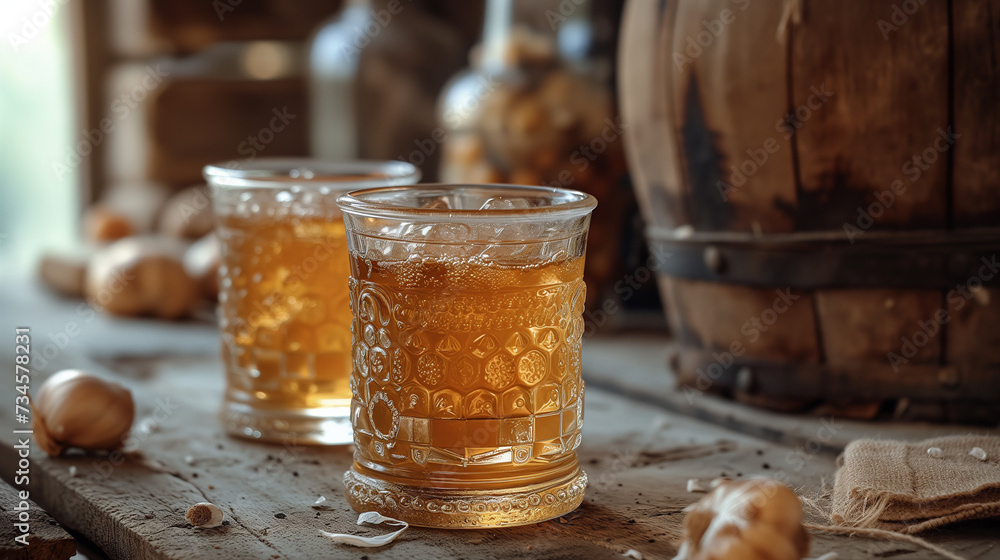 Glasses of Russian fermented drink known as Kvas. - obrazy, fototapety, plakaty 