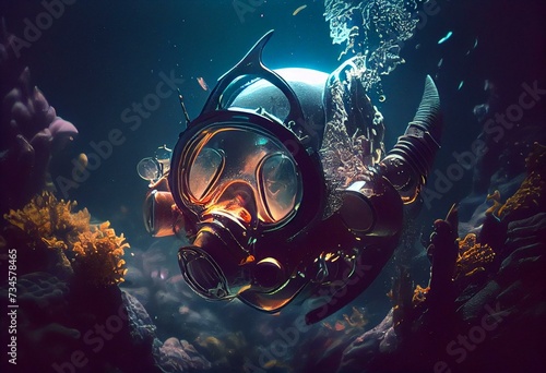 Underwater Creature diving in deep wearing Oxygen mask. Generative AI
