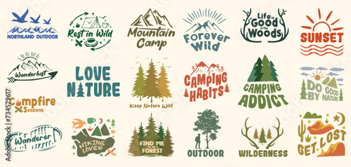 Vintage outdoor graphic set, nature lover quotes bundle. Nature clipart badge logo collection, Camping hiking design set. Outdoor t shirt designs bundle for print. Outdoor merchandise emblem design