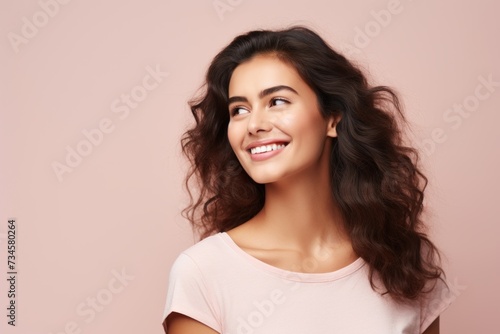Portrait of beautiful young happy smiling woman with long curly hair  over pink background