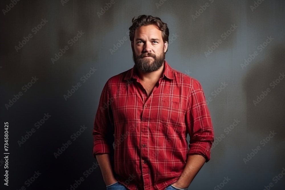 Handsome young man with beard and mustache wearing a red checkered shirt