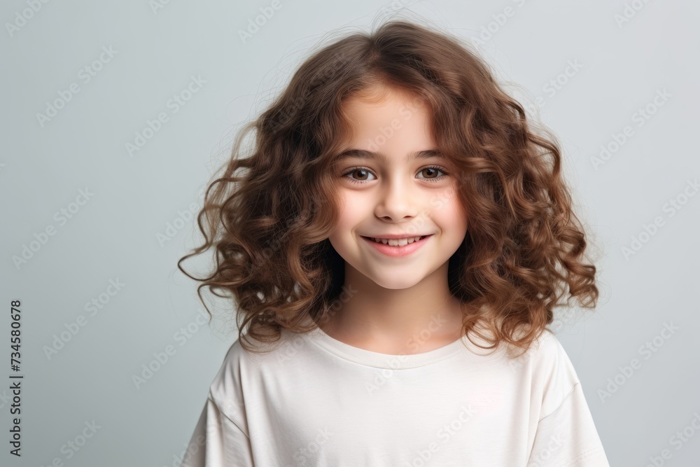 Portrait of a cute little girl with long curly hair over gray background Portrait of a cute little girl with long curly hair over gray background