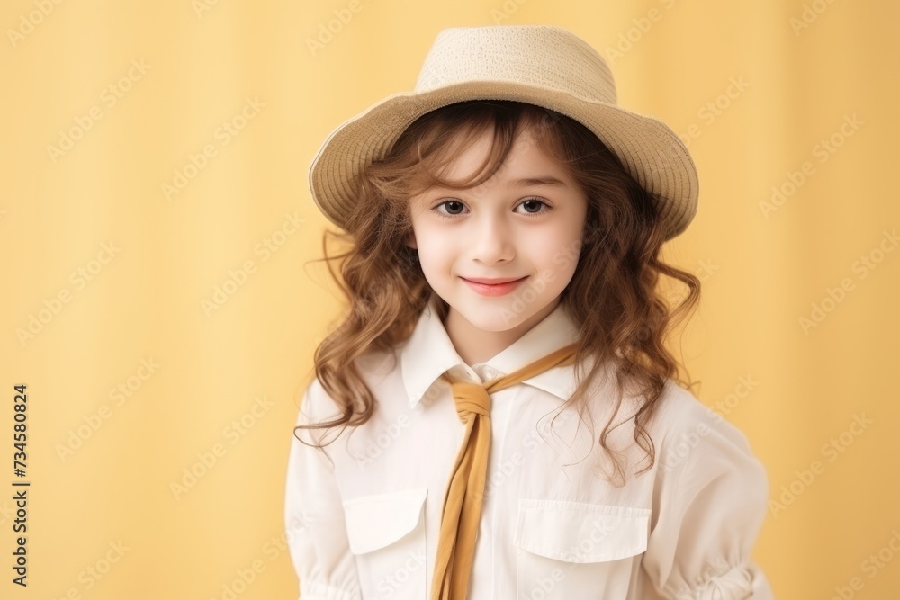 Portrait of cute little girl in hat and shirt on yellow background Portrait of cute little girl in hat and shirt on yellow background