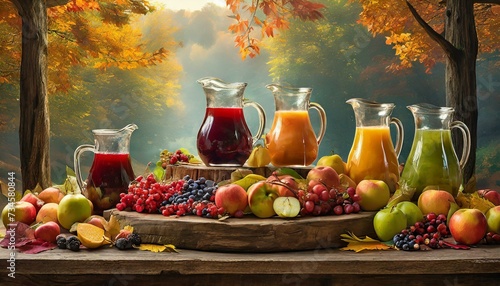 Podium stage in beautiful nature with various types of fresh fruit juice photo