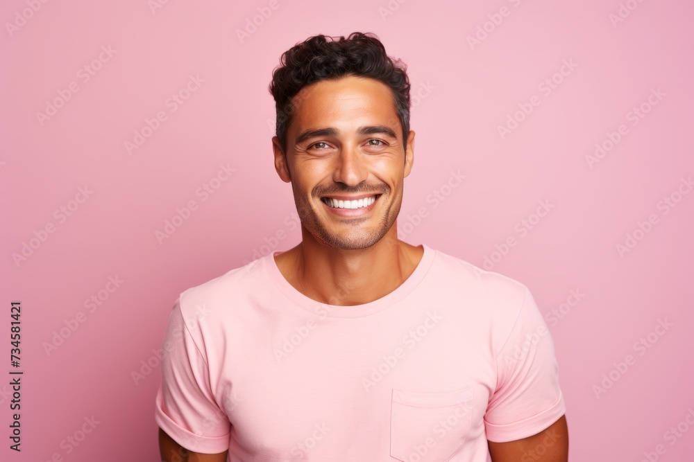 Portrait of a handsome young man smiling and looking at camera over pink background Portrait of a handsome young man smiling and looking at camera over pink background