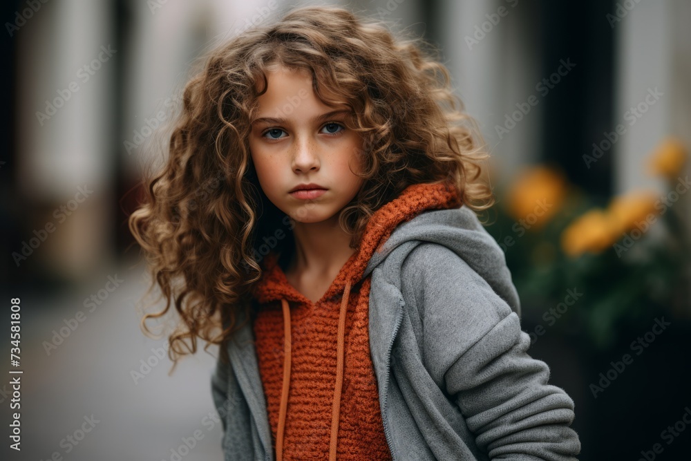 Portrait of a beautiful little girl with curly hair in a warm knitted sweater on the street. Portrait of a beautiful little girl with curly hair in a warm knitted sweater on the street.