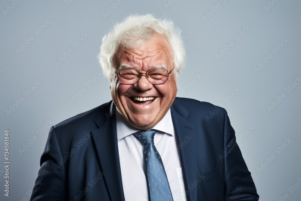 Portrait of a happy senior businessman laughing against a grey background. Portrait of a happy senior businessman laughing against a grey background.