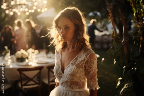 A bride wearing a wedding dress at an outdoor reception